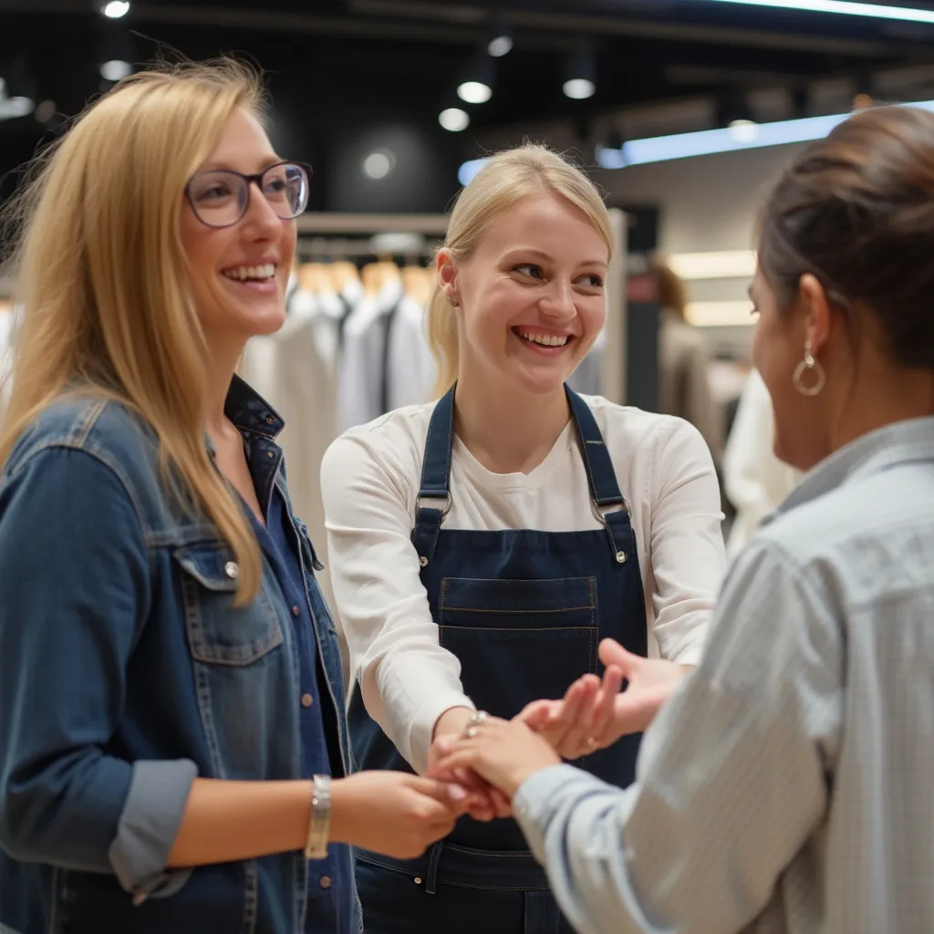 Retail staff engaging with customers after training