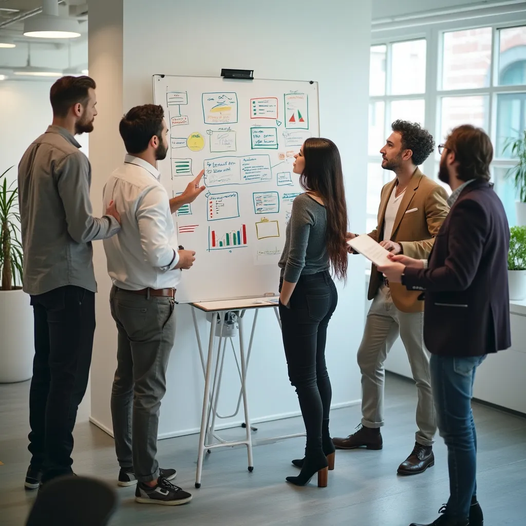 Team discussing future strategy on a whiteboard